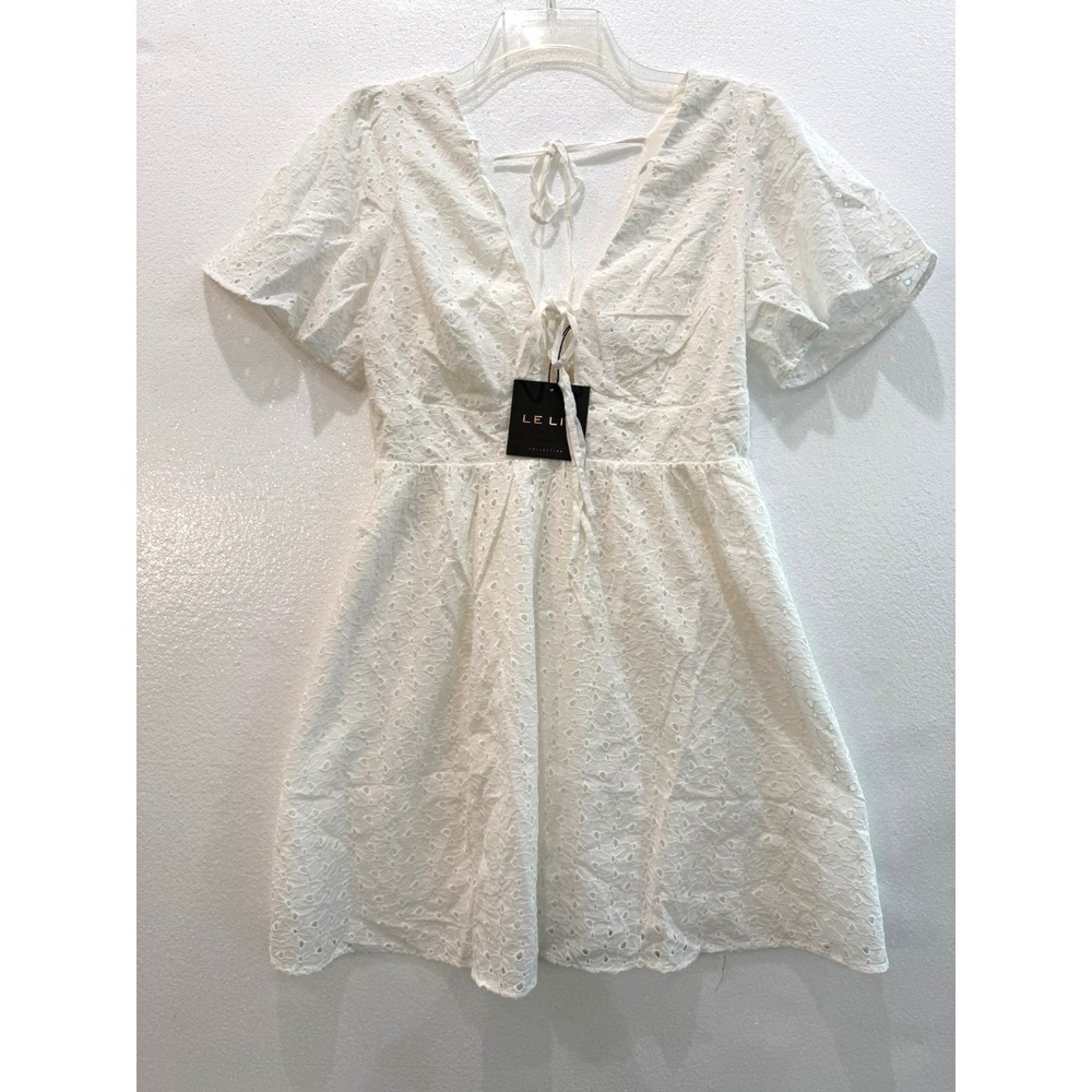 NWT Le Lis Size Medium White Eyelet Lace Up Back Mini Dress Cottage Core Coastal